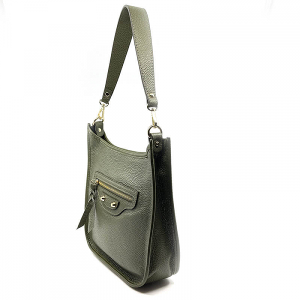 Crossbodybag Sly leather olive green, shoulder bag, saddelbag design, side